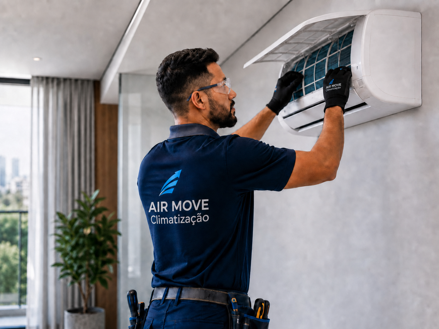 Técnico da AIR MOVE Climatização realizando manutenção em ar-condicionado
