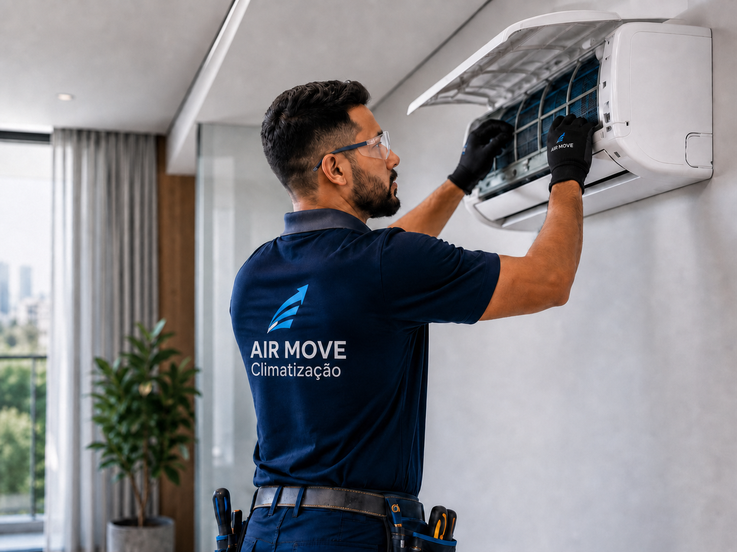 Técnico realizando limpeza de ar-condicionado