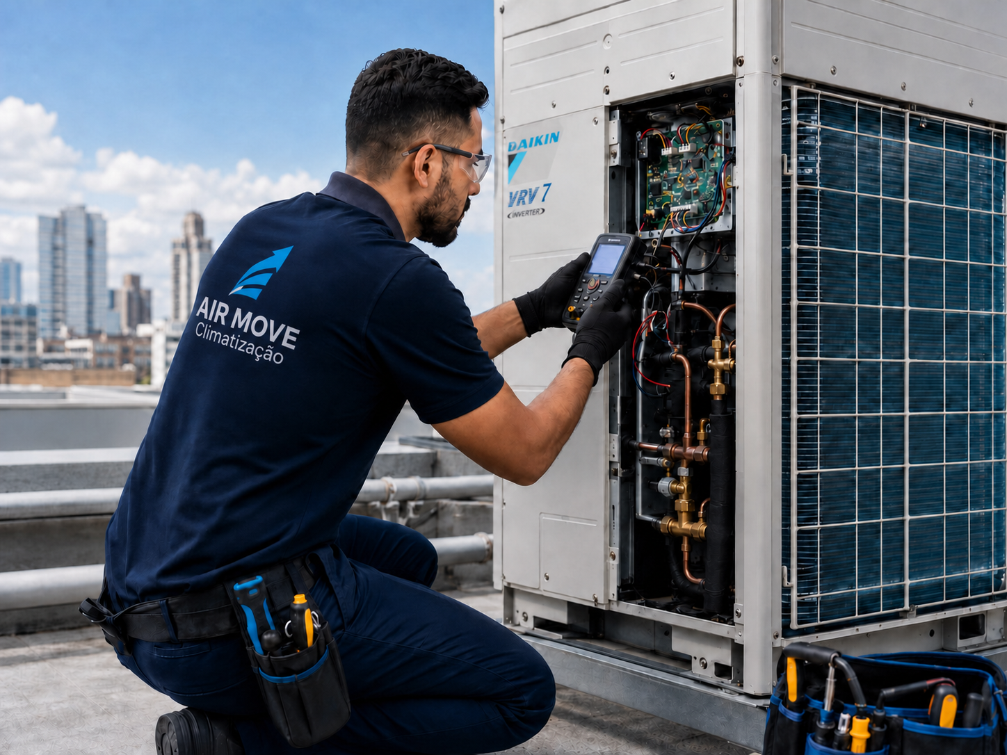 Técnico executando manutenção em equipamento VRF
