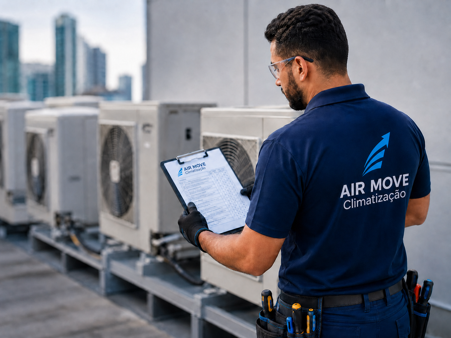 Técnico AIR MOVE Climatização conferindo checklist PMOC